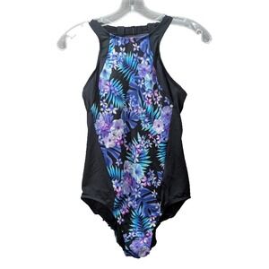 Lands End Women's High Neck‎ Floral Swimsuit Bathing Suit Size 4 Black Stretch